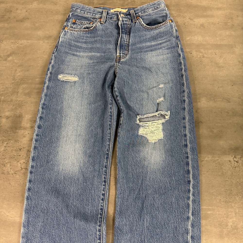 Levis Ribcage Straight Ankle Jeans Womens 27 Blue Distressed Premium High Rise - Picture 1 of 13